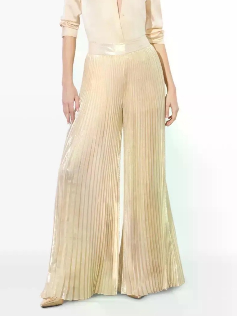 Alice + Olivia Pleated Wide-Leg Satin Jumpsuit in Champagne Beige
